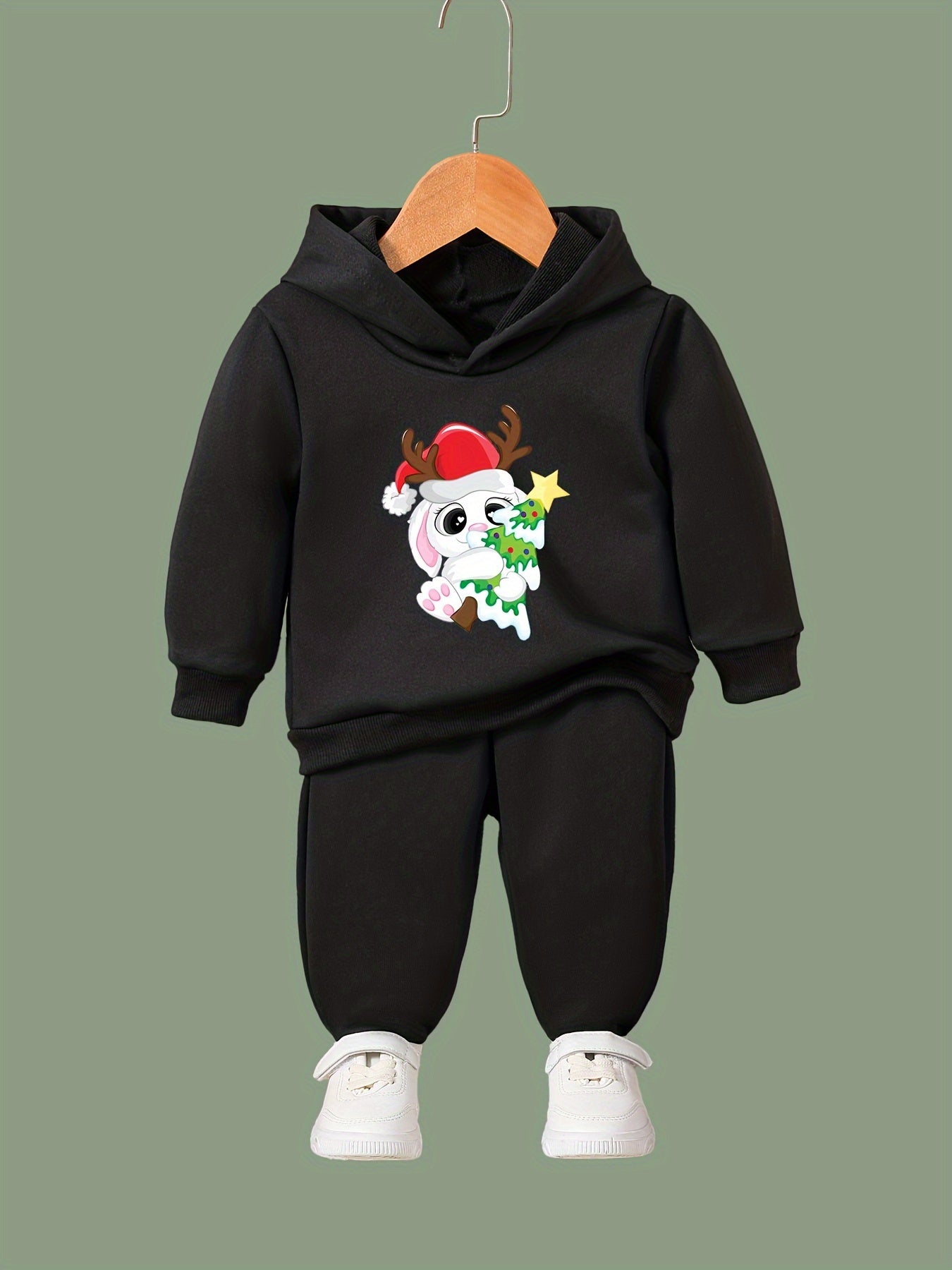 Christmas Bunny Print Hoodies Pants Set For Kids Activewear Set