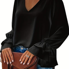 Plus Solid Lantern Sleeve Ruffle Trim V Neck Top