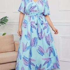 Feather Print Maxi Dress With Pockets