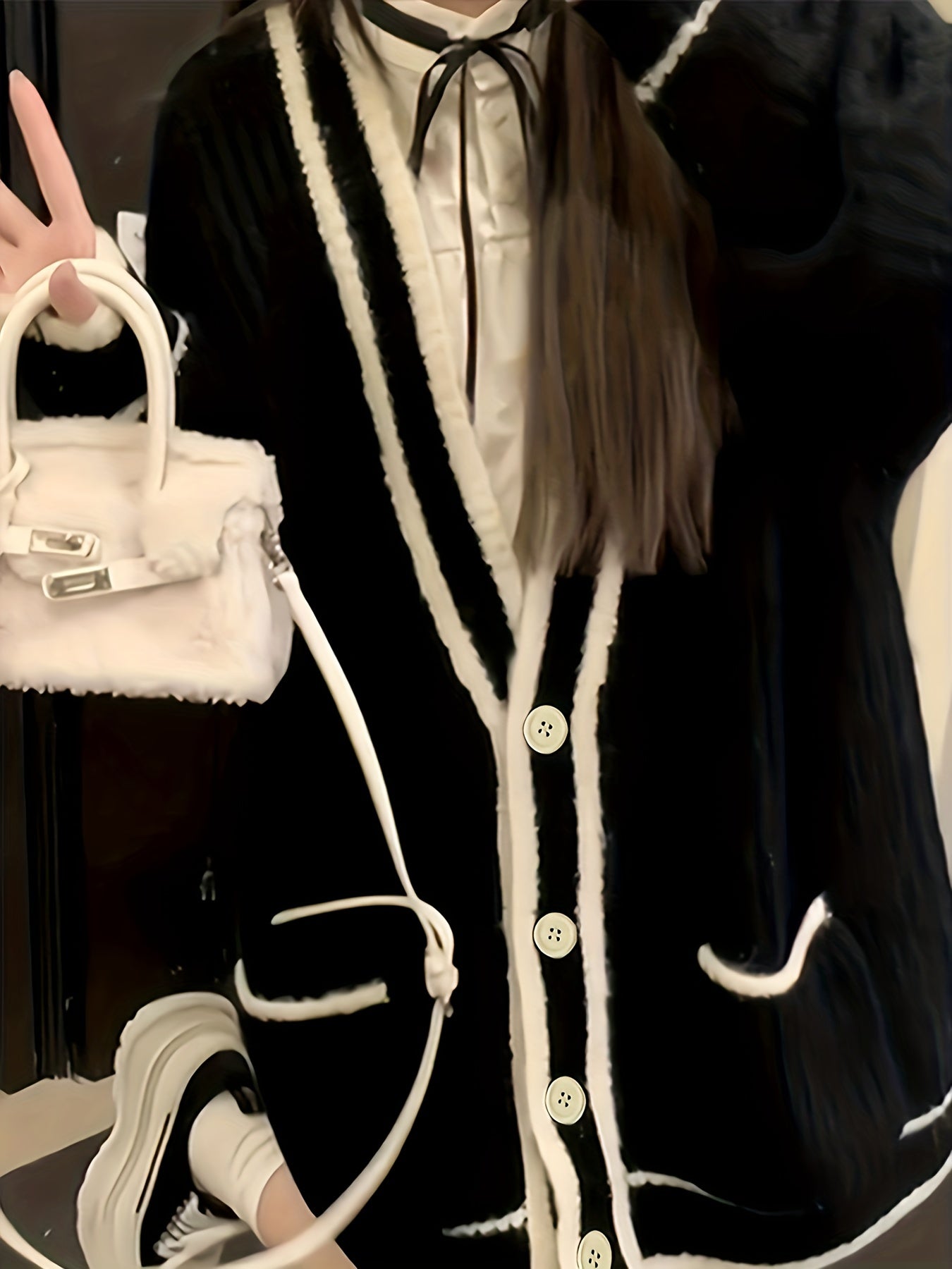 Contrast Trim Button Up Cardigan Loose Sweater