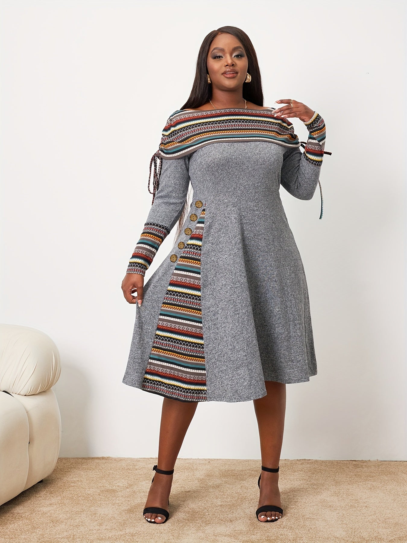 Boho Plus Geometric Print Drawstring Ruched Dress