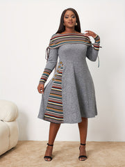 Boho Plus Geometric Print Drawstring Ruched Dress