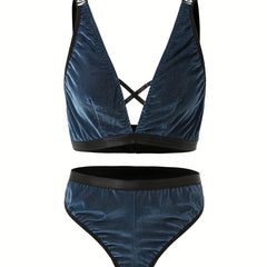 Velvet Letter Tape Criss Cross Bra & Panty Lingerie Set
