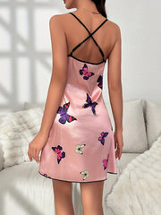 Butterfly Print Nightdress Criss Cross Back Spaghetti Strap Sleep Dress