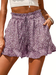 Boho Floral Ruffle Trim Shorts Elastic Waist Drawstring Summer Shorts