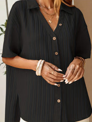 Blouse Women's Ribbed Short Sleeve Button Up Shirt