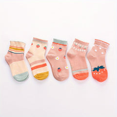 5 Pairs Strawberry Striped Knit Socks for Girls