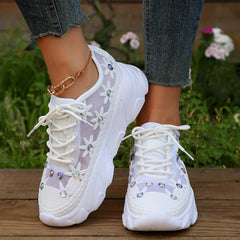 Women's Rhinestone Lace Running Shoes Mesh Sneakers with Shock Absorption