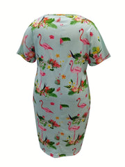 Women's Plus Flamingo & Floral Print Short Sleeve V Neck High Stretch Dress