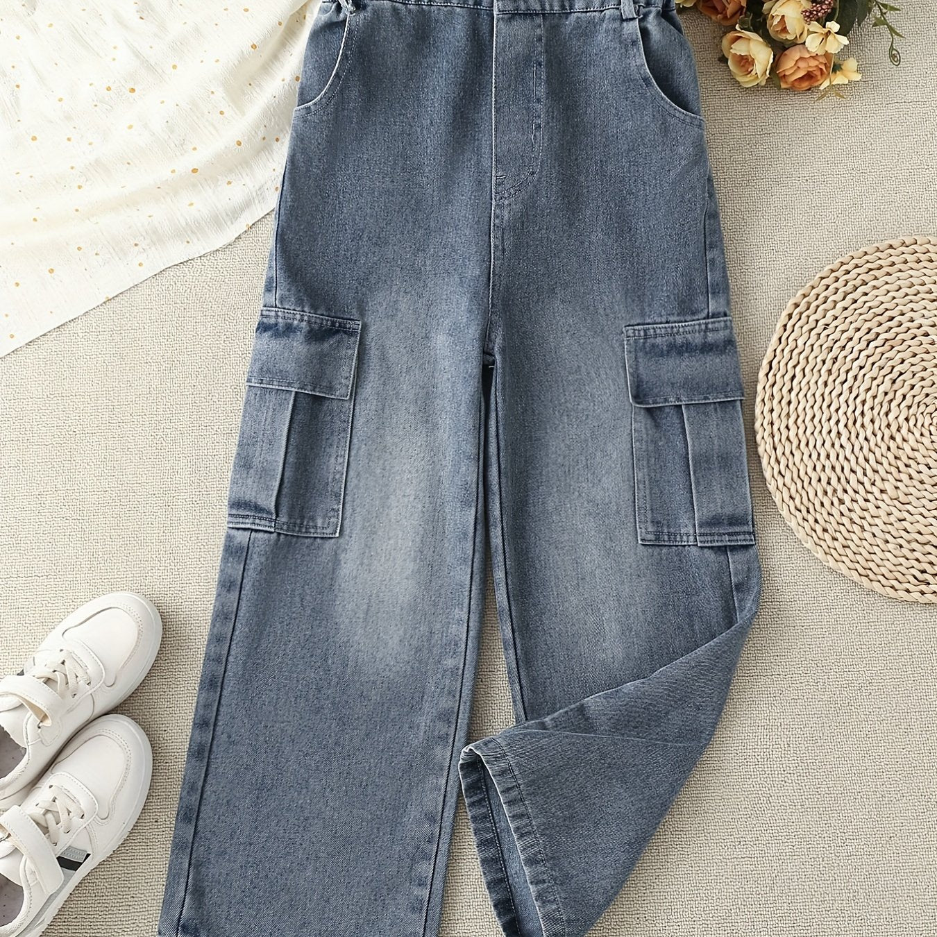 Girls Casual Baggy Fit Cargo Jeans Wide Leg Denim Pants