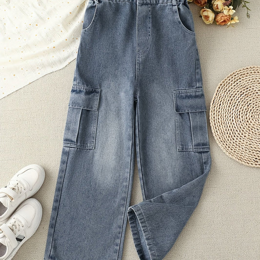Girls Casual Baggy Fit Cargo Jeans Wide Leg Denim Pants