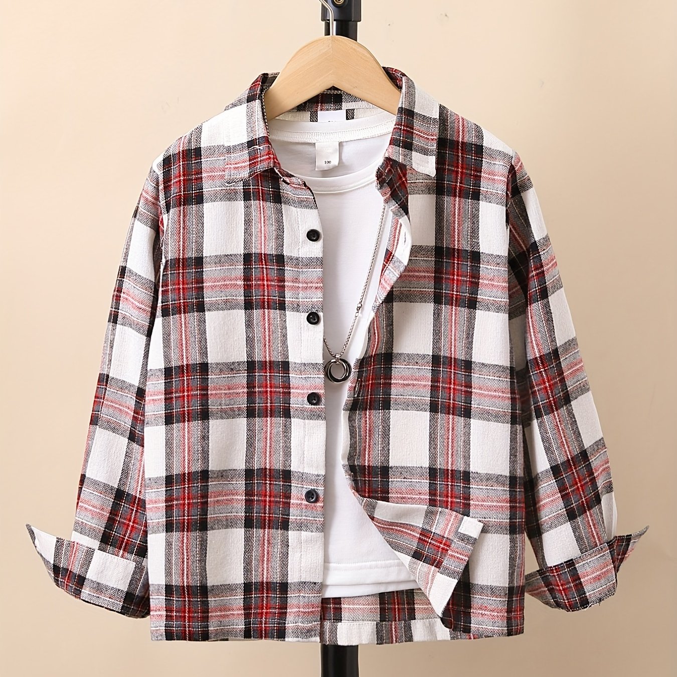 Boys Plaid Long Sleeve Shirt Spring Autumn Casual Lapel Top