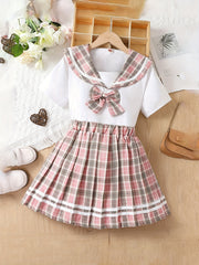 Girl's 2pcs Shirt & Skirts Set Uniform Preppy Style Casual Outfits