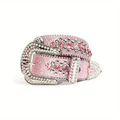 Pink Glitter Skull Belt Punk Rhinestone Decor Rivet Belt