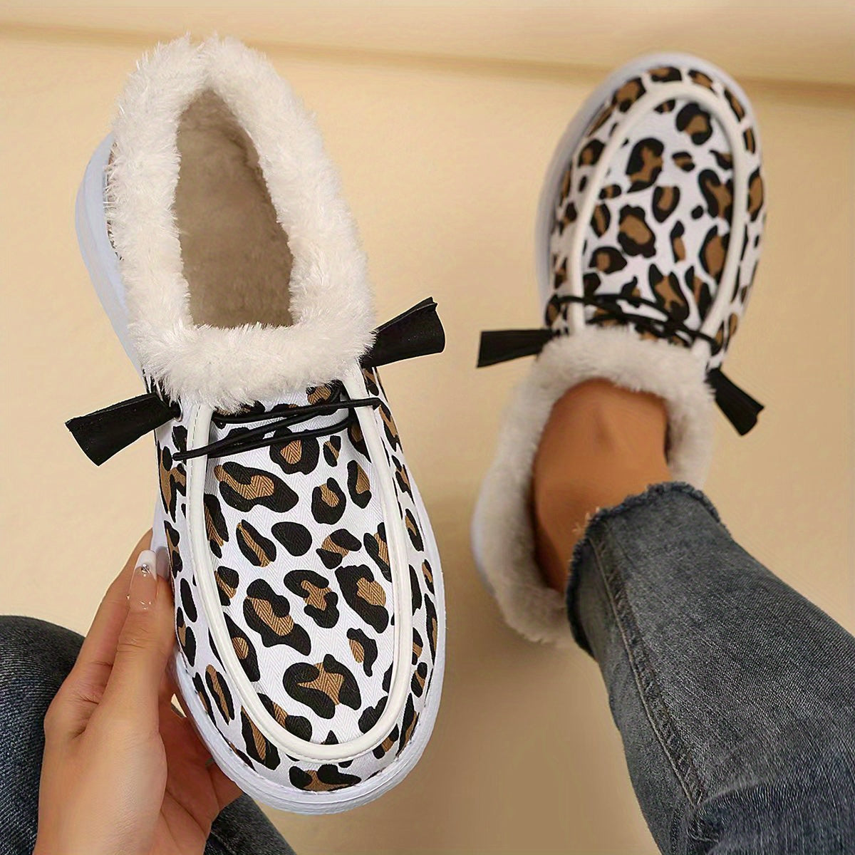 Leopard Print Plush Lined Snow Boots Slip On Canvas Winter Ankle Boots