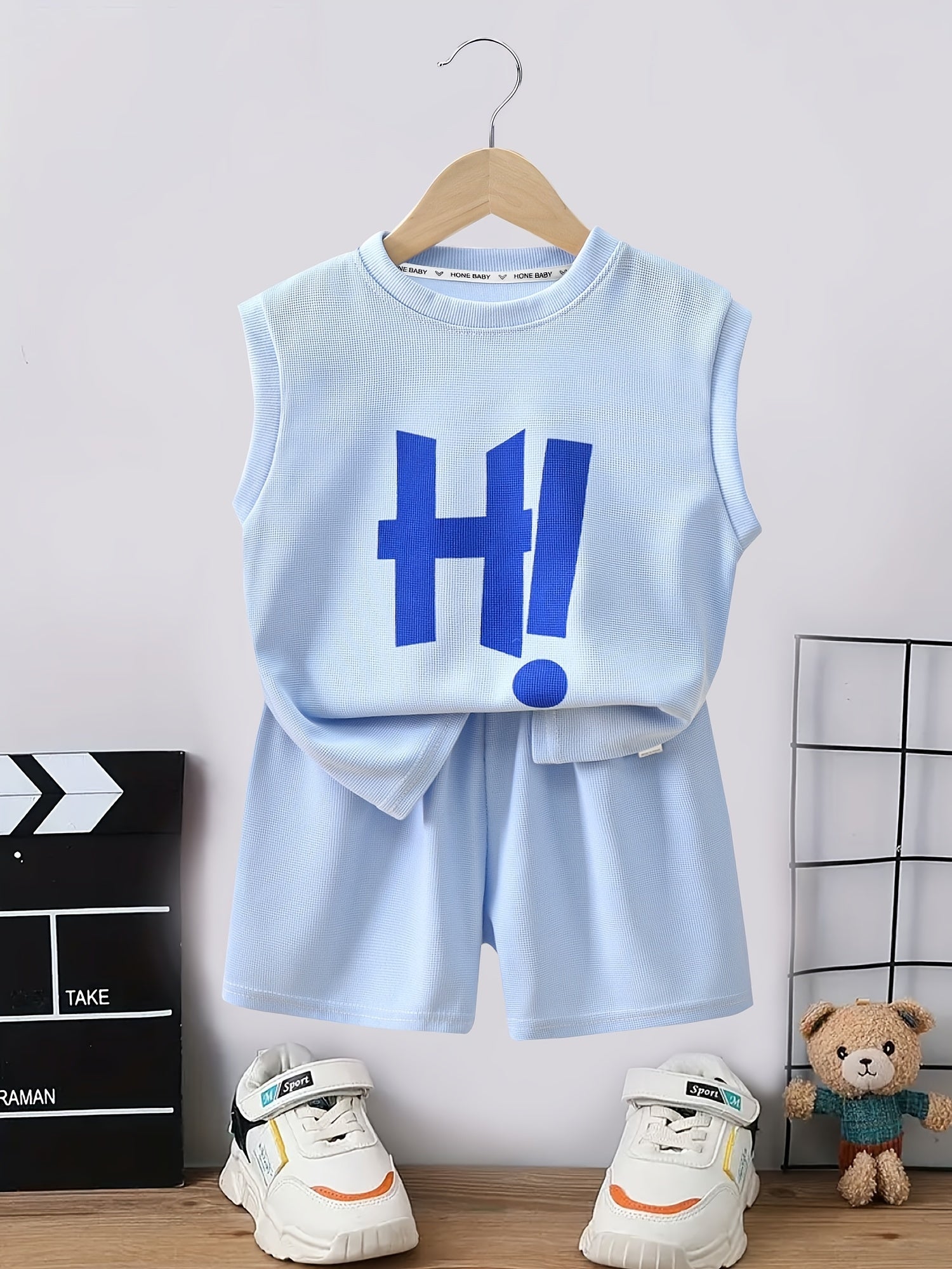 HI Letter Boys Sleeveless Tank Tops&Shorts Set Casual Fitness Vest&Shorts