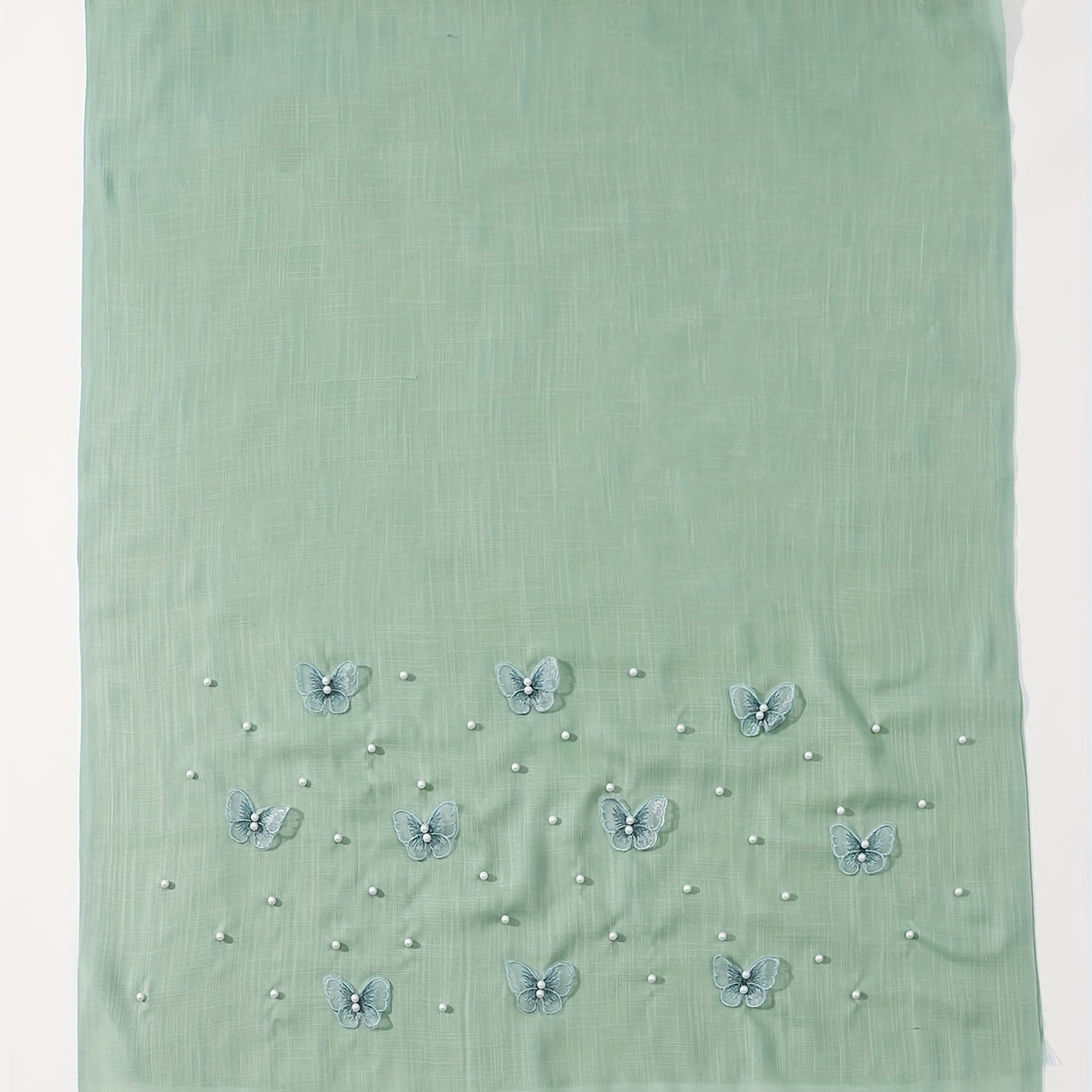 Butterfly Embroidered Scarf Pearl Decorated Thin Fringed Shawl