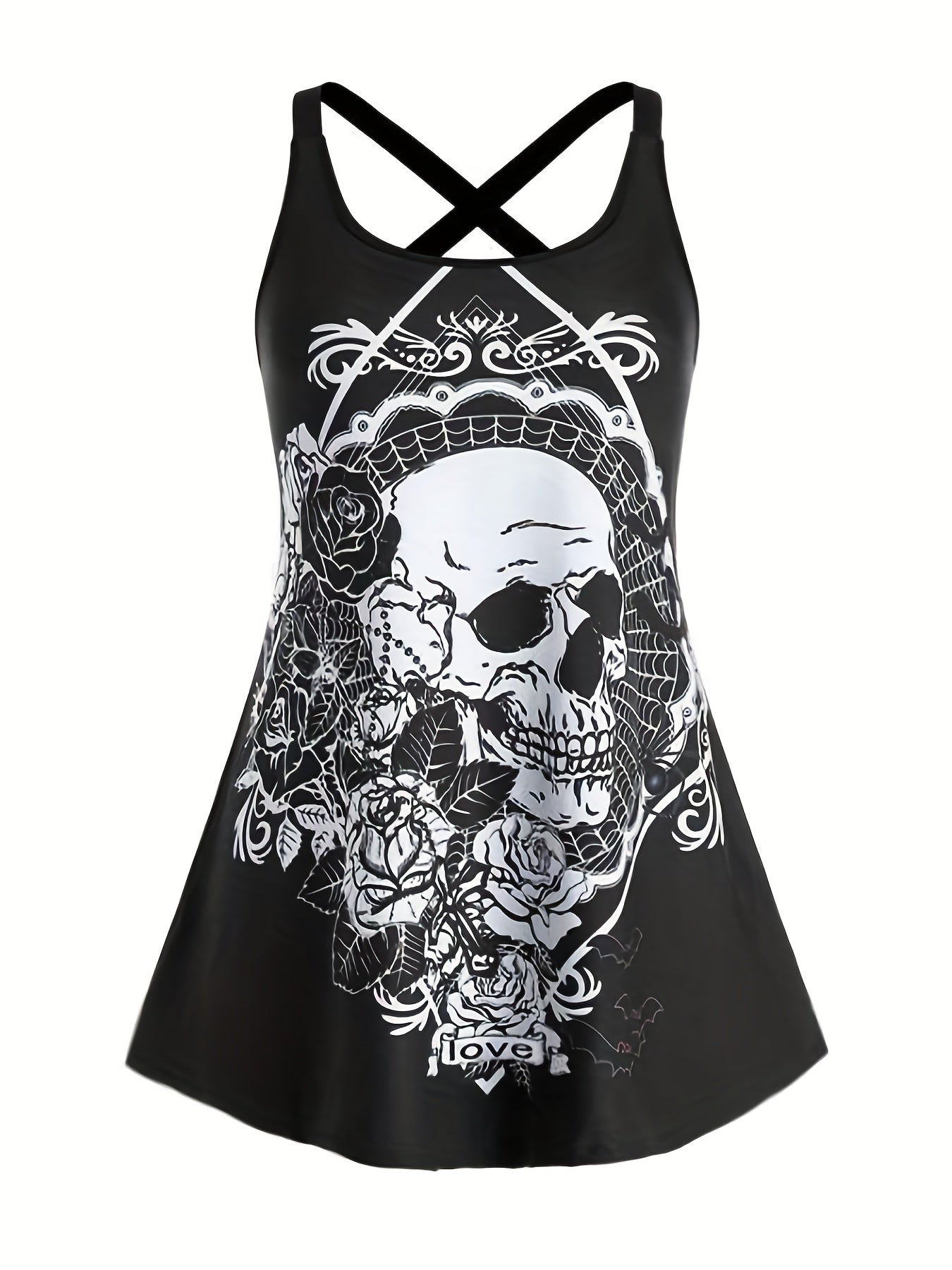 Skull & Flower Print Gothic Tank Top Sleeveless Summer Women's Clothing