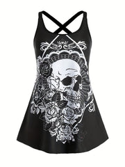 Skull & Flower Print Gothic Tank Top Sleeveless Summer Women's Clothing