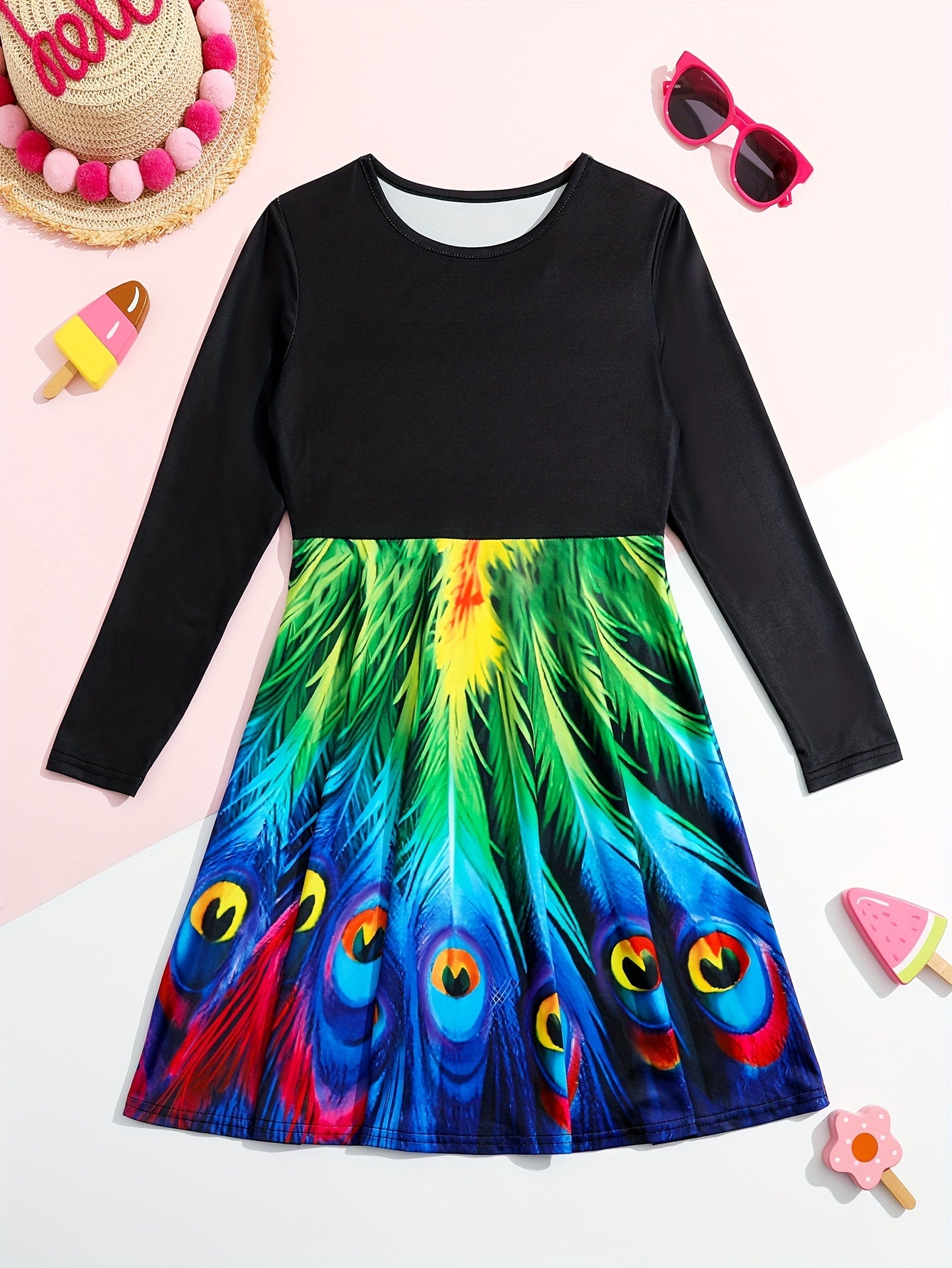 Peacock Tail Print Long Sleeve Crew Neck Dress For Girls