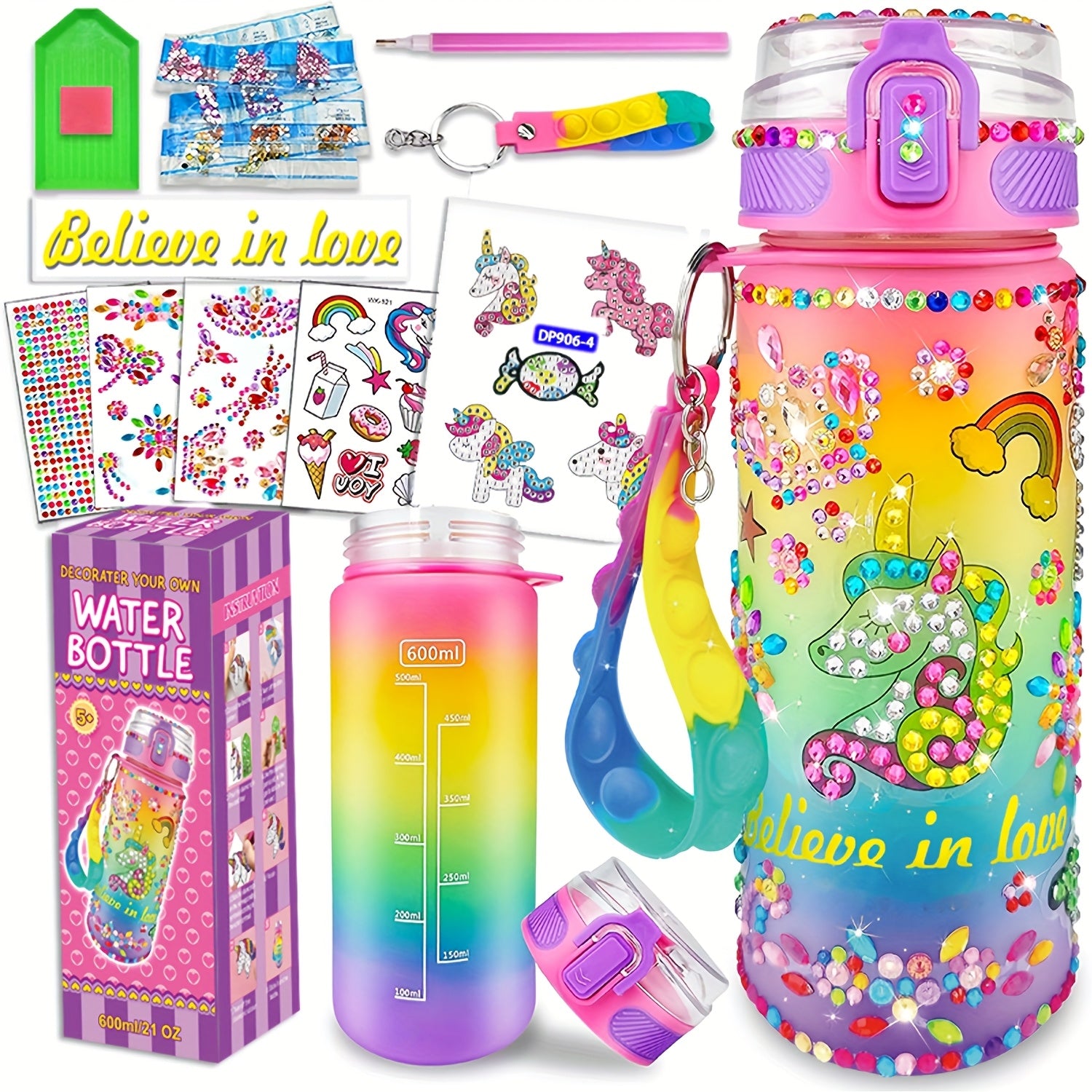 DIY Water Bottle Kit for Girls, Unicorn Mermaid Design, Diamond Painting Craft