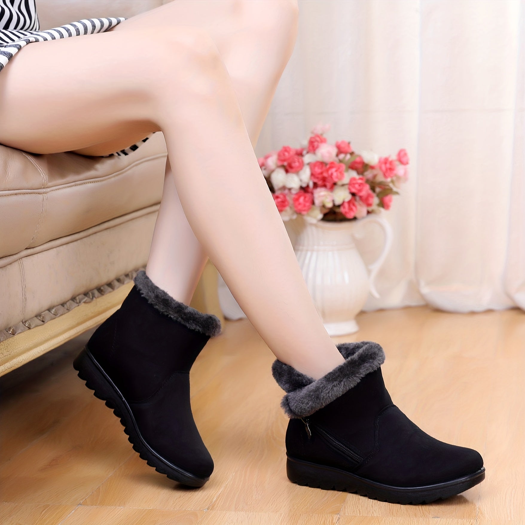 Fur Lined Snow Boots Suede Mid Calf Boots