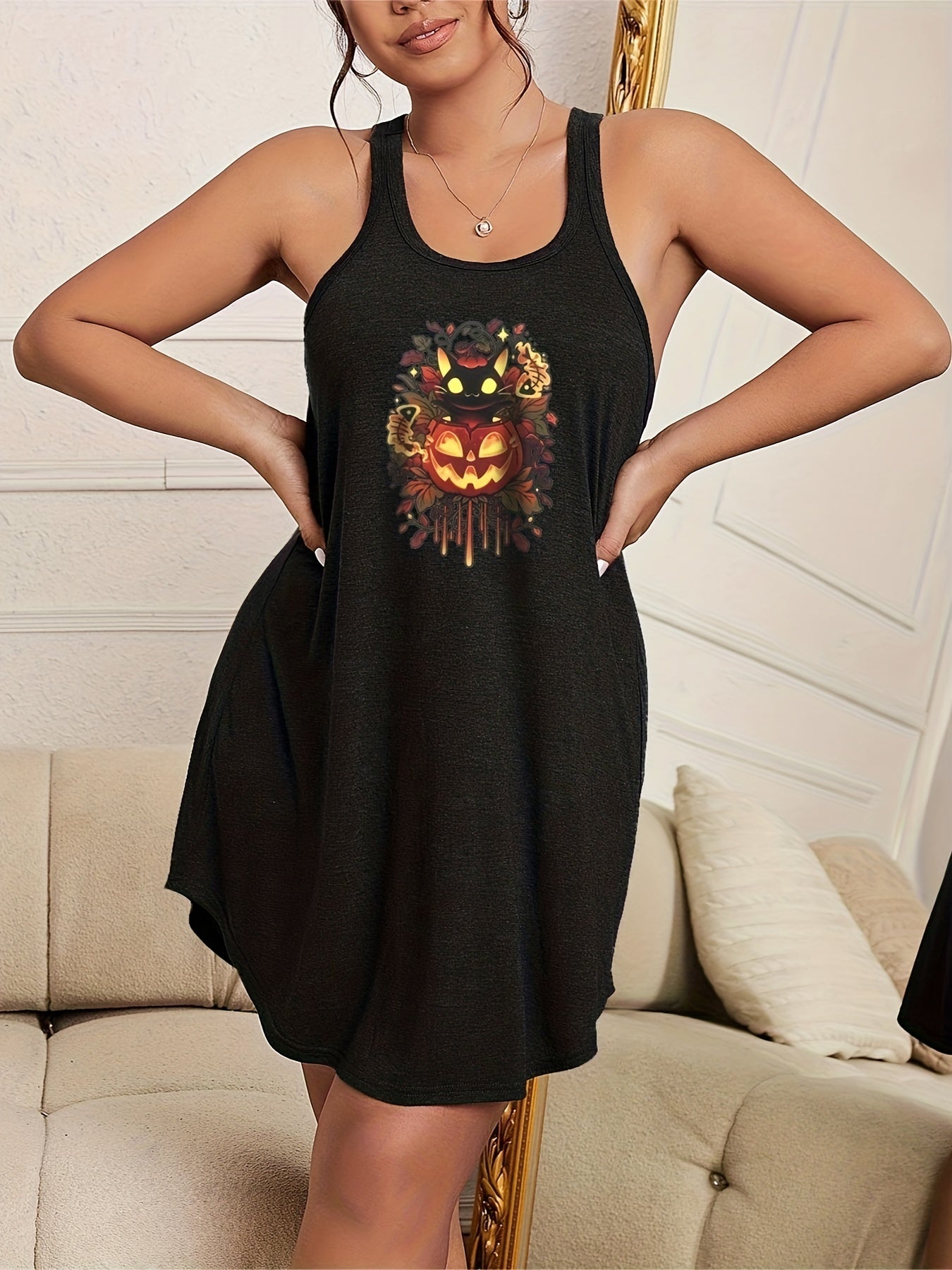 Plus Size Gothic Pumpkin Print Tank Nightdress