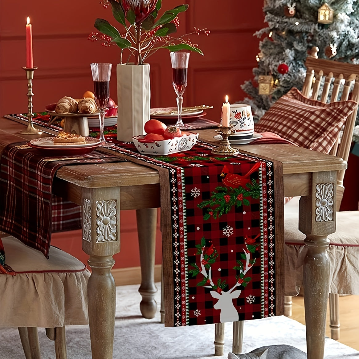 Red Checkered Christmas Table Runner Linen Winter Holiday Farmhouse Style Dining