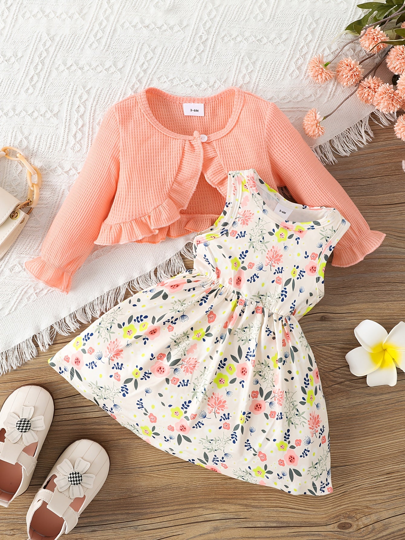 Toddler Girls Floral Print Dress & Ribbed Cardigan Set