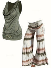 Chain Cowl Neck Tank & Tie Dye Lace Up Pants Set