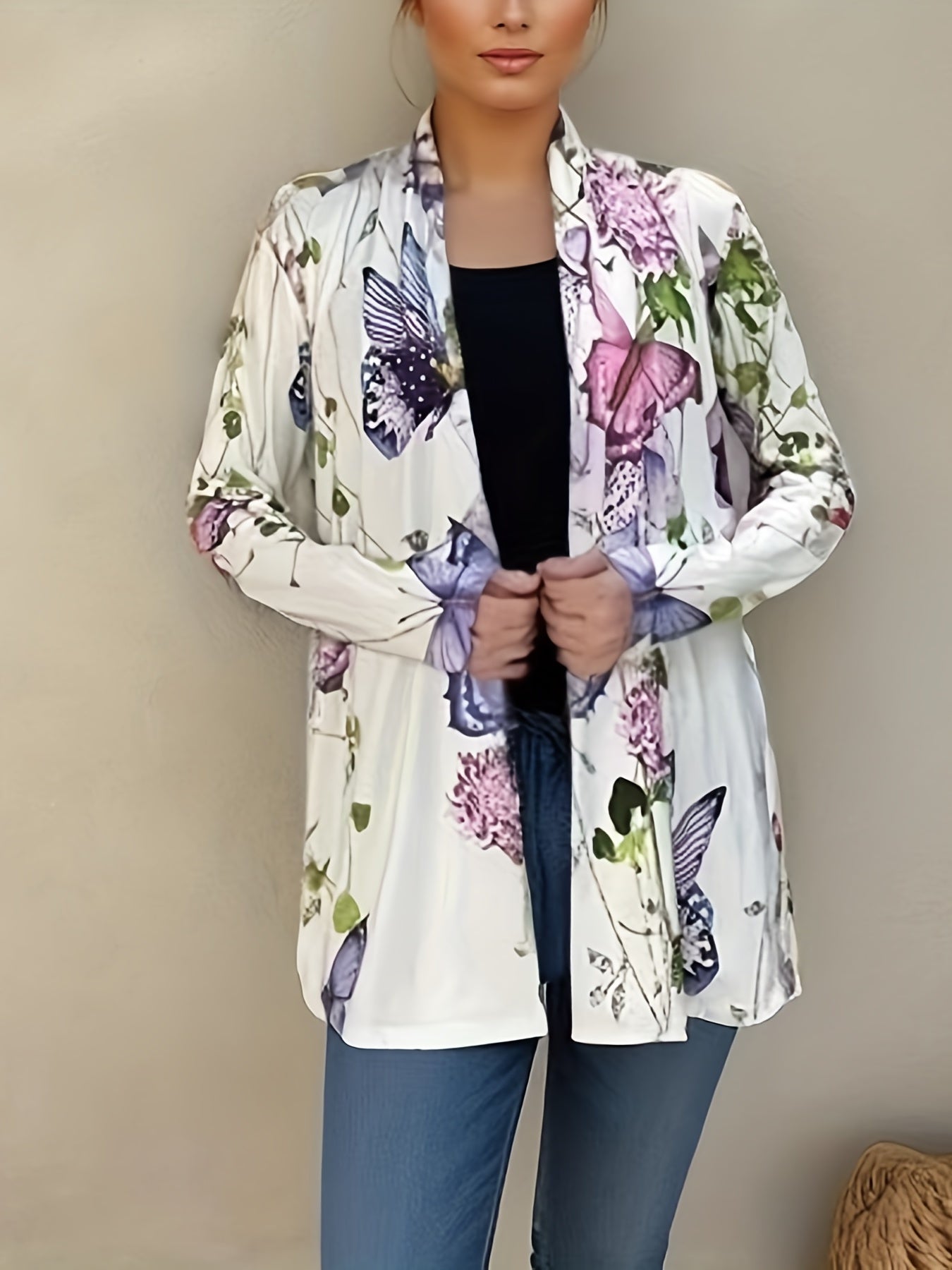 Butterfly Print Open Front Cardigan Long Sleeve Knit Outwear