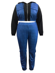 Denim Patchwork Crop Hoodie & Joggers Set