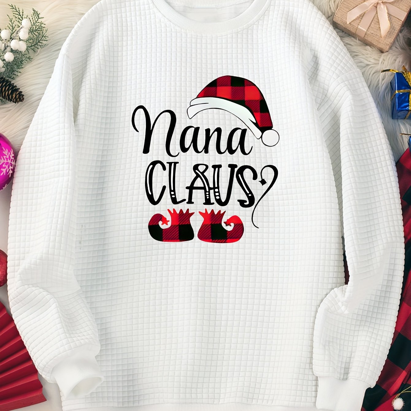 Women's Plus Size Christmas Lounge Top with Plaid Hat Print