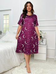 Moon & Star Print Nightdress Short Sleeve Round Neck Sleep Dress