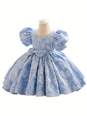 Girl's Preppy Style Puffy Sleeve Bow Dress