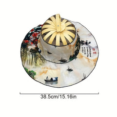 Vintage Flower Print Foldable Sun Hat with Bamboo Fan