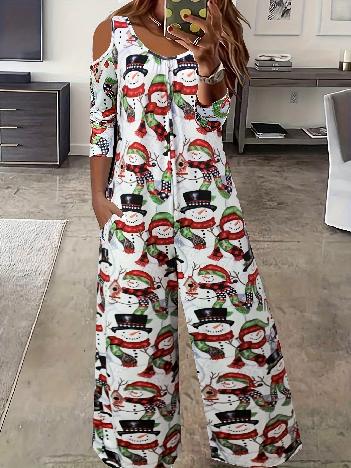 Snowman Print Cold Shoulder Jumpsuit