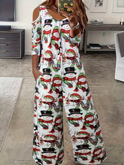 Snowman Print Cold Shoulder Jumpsuit