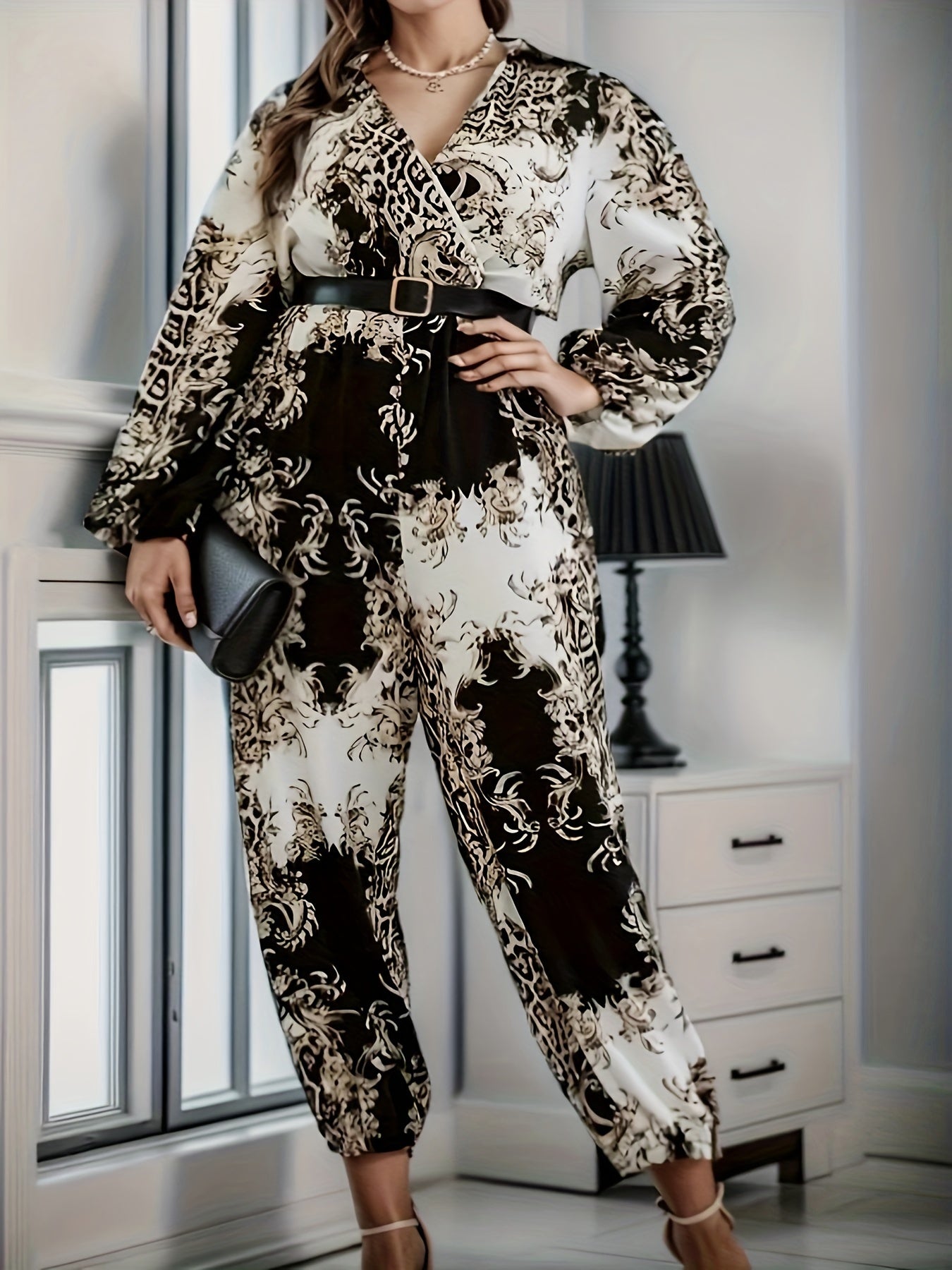 Baroque Print Lantern Sleeve Jumpsuit