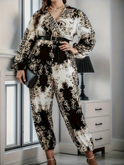 Baroque Print Lantern Sleeve Jumpsuit