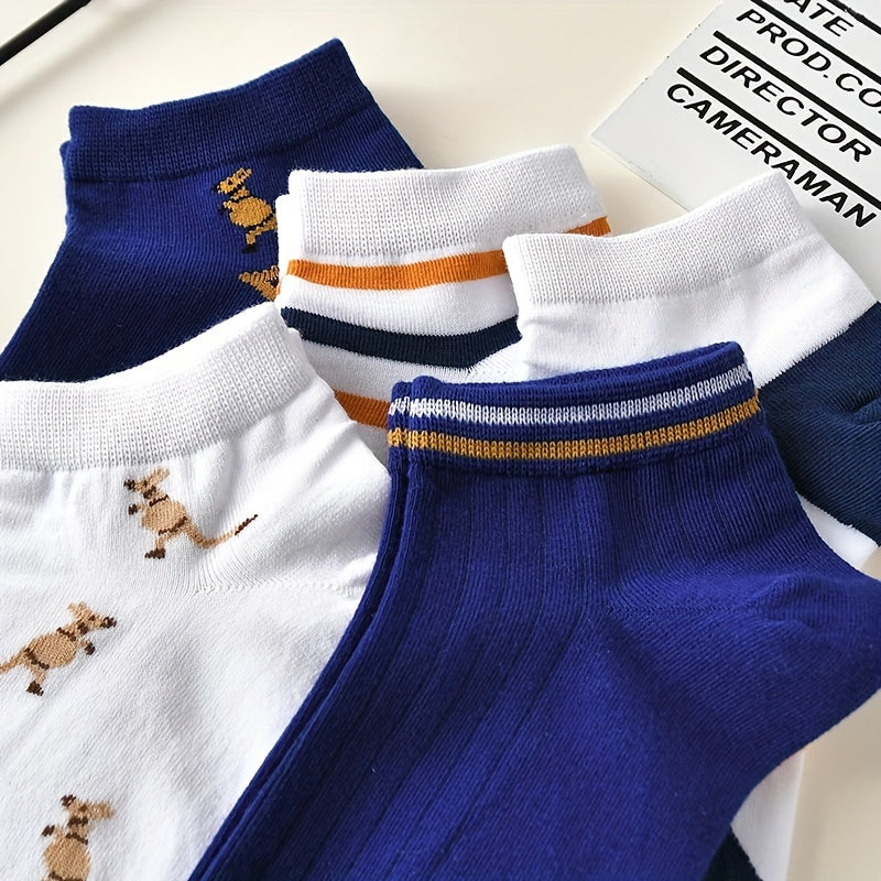 5 Pairs Kangaroo Print & Striped Low Cut Women's Socks