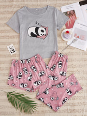 Panda Print Pajama Set Short Sleeve Tee & Shorts Women's Loungewear