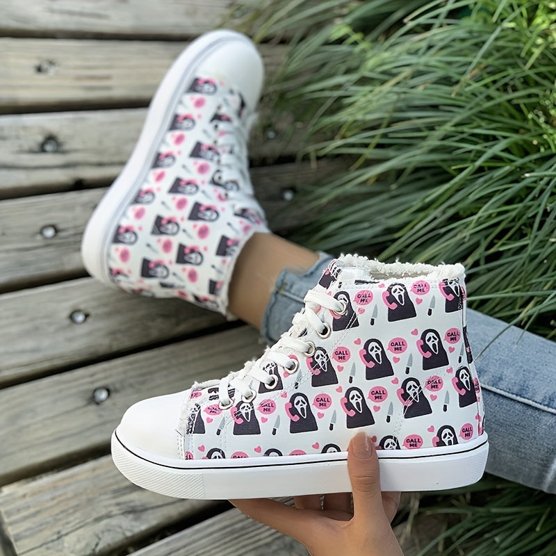 Women's Ghost Pattern Canvas Sneakers Lace Up High Top Trainers