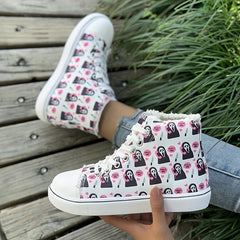 Women's Ghost Pattern Canvas Sneakers Lace Up High Top Trainers