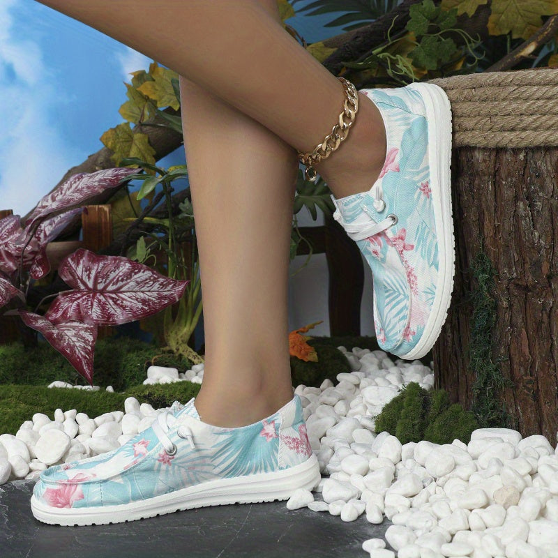 Floral & Leaf Printed Canvas Lace-Up Flat Shoes