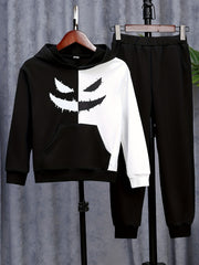 Poker K Pattern Boy's 2pcs Hoodie & Solid Sweatpants Set