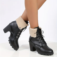 Women's Velvet Snow Boots High Heeled Lace-Up Chunky Boots