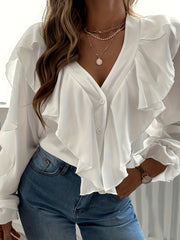 Women's Plus Solid Button Up Ruffle Trim Lantern Sleeve V Neck Blouse