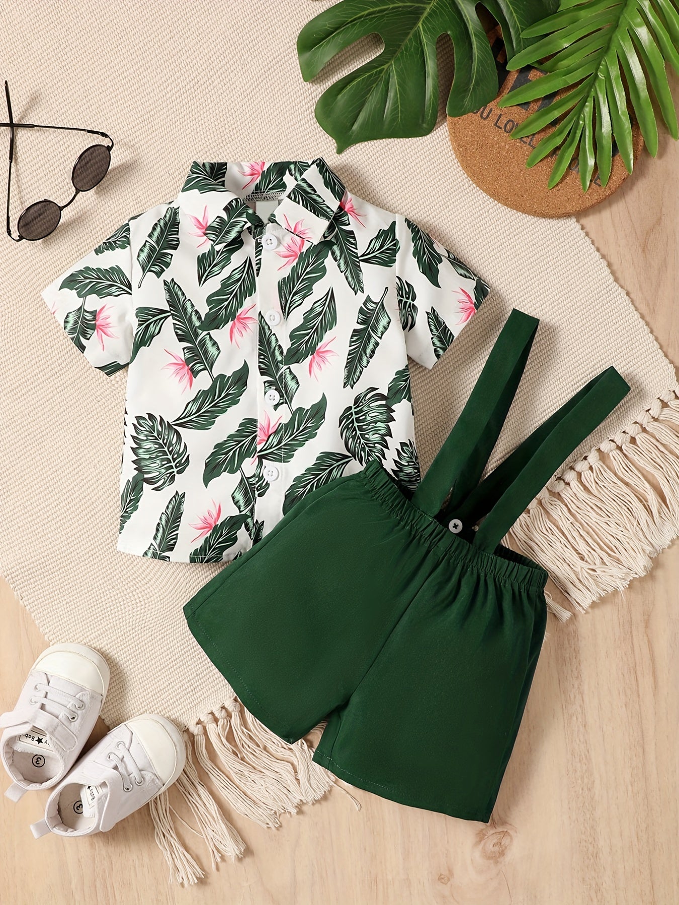 Baby Boys Tropical Plants Hawaii Shirt & Short Bib Pants Set