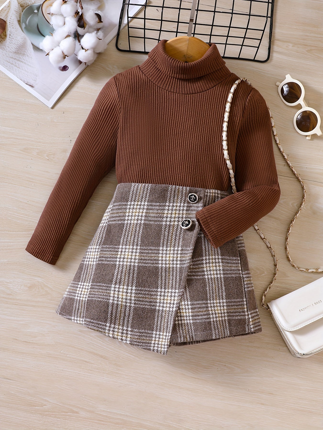 2pcs Girls Long Sleeves High Neck Top & Plaid Skirt Set